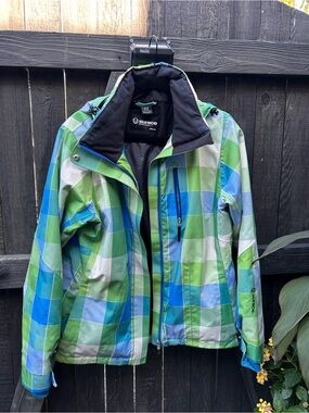 Sunice Womens Green, Blue & White Lined Waterproof Jacket w/hat